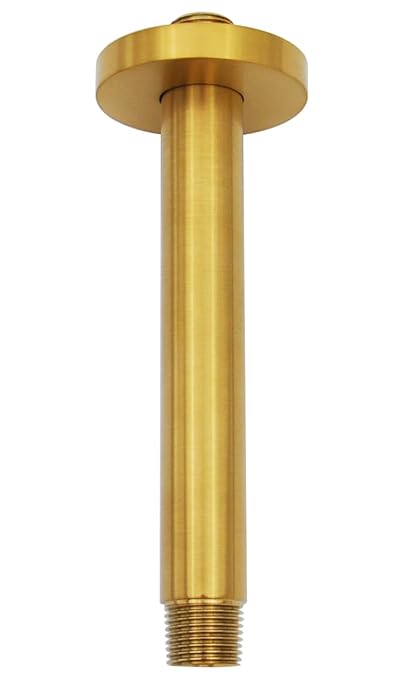 Aquaiaw Shower Arm and O-Ring Flange, 6 inch, Solid Brass, Round, Both Soldered 1/2 NPT Tapered Threads, PVD Brushed Gold Straight Shower Arm Extension, Ceiling Shower Head Arm for Rainfall Showerhead