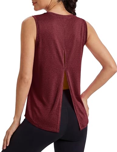 Image of MAGCOMSEN Workout Tank Tops Woman Summer Open Back Yoga Athletic Shirts Sleeveless Tie Back Loose Fit Gym Muscle Tank