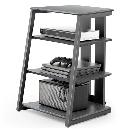 HOLGVE AV Media Stand, 4 Tier Video Audio Rack with Height Adjustable Wooden Shelf, Stereo Cabinet With Plug Board Placement Rack, Open Corner Component Media Storage Cabinet(Black)