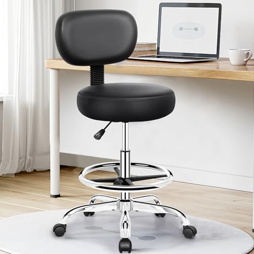 Adjustable Rolling Stool with Backrest and Footrest – PU Leather Office and Salon Chair (Silver)