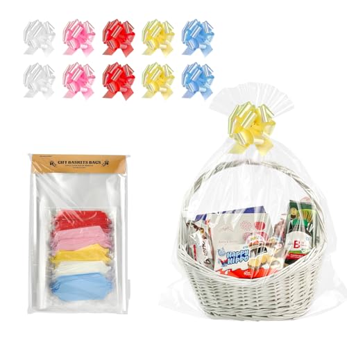 EKAPACKAGING 22x25 Inches 10 Pcs Large Cellophane Bags for Gift Baskets, Plastic Gift Basket Wrapping with Pull Ribbons, Clear Cellophane Gift Bags for Party, Mother’s Day, Baby Showers, Christmas