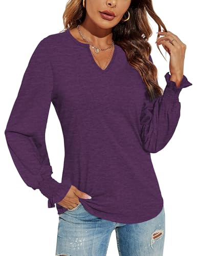 DUOEASE Top Mujer Básica Mangas Acampanadas Camisas Mujer Manga Larga Cuello V Color Sólido Básica Morado M