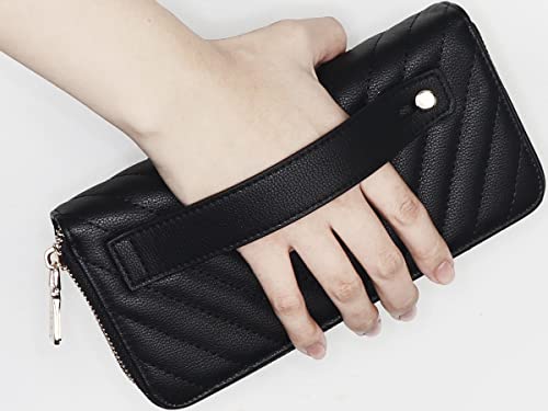 B Brentano Vegan Leather Double Zipper Pocket Wallet With Grip Hand Strap (Chevron Embroidered Orange) #TOP5