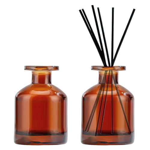 DEARBAG 2 Botellas de Vidrio Difusor, 150ml Frasco difusor de Vidrio Negro Frasco Redondo de Aceite Esencial, Difusores de Aceites Esenciales con Fragancia para el Hogar Baño (Marrón)