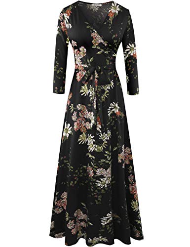 Aphratti Women's Maxi Dresses Summer 3/4 Sleeve V Neck Faux Wrap Flowy Spring Long Floral Maxi Dress3