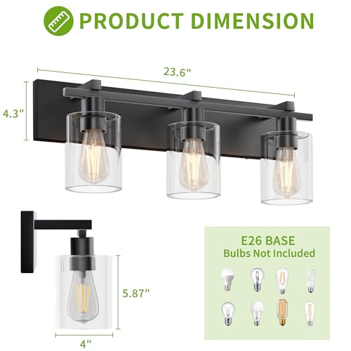 Image of Bathroom Vanity Light,3 Light Matte Black Light Fixture with Thickened Clear Glass Shade, 21 inch Dimmable Modern Wall Sconce, Bathrooms Vanity Light Over Mirror for Bathroom