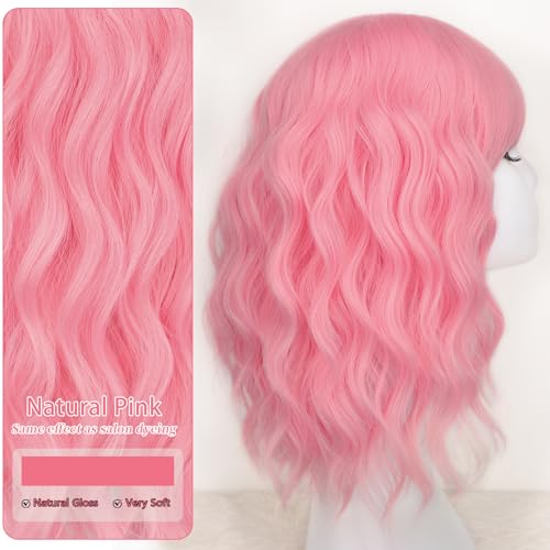 Image of AISI HAIR Curly Bob Wig with Bangs Short Wavy Pink Color Wigs for Women Bob Style Synthetic Heat Resistant Bob Wigs