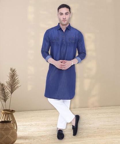 Image of Kuons Avenue Men's Tailored Fit Denim Long Pathani Kurta | Shirt Collar - Ideal for Festivals & Cultural Events
