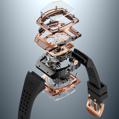 Image of OUPINKE Automatic Watches for Women Fashion Hollow Skeleton Squre Womens Watches Diamonds Rose Gold Waterproof Luminous Mechanical Ladies Watches Red White Soft Silicone Strap