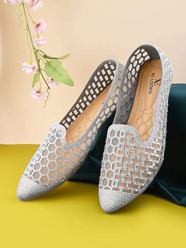 Image of XE Looks Elegant Rhinestone Studded Bellies | Hexagonal Cutout Pattern | Chic & Comfortable Slip-On Bellies For Girls & Womens