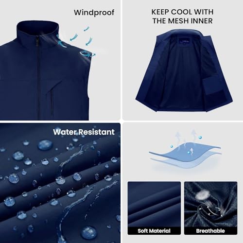 Image of Mens Vests Outerwear Windproof Lightweight Softshell Sleeveless Jacket | Breathable Zip Up Multi-Pockets Quick Dry Sports Vest for Golf Hiking Fishing Running
