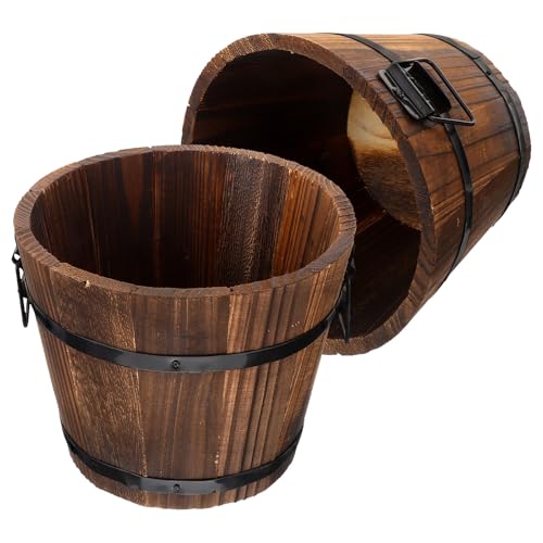 GLEAVI Wooden Barrel Succulent Planter Pot 2pcs, Brown Carbonized Solid
