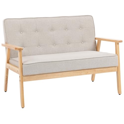 HOMCOM Sofá de 2 Plazas, Tapizado en Lino Sintético, Sofá Nórdico con Patas y Reposabrazos de Madera de Caucho, Respaldo Acolchado, para Salón, Dormitorio, Oficina, Sala de Estar, 113x67x78 cm, Beige