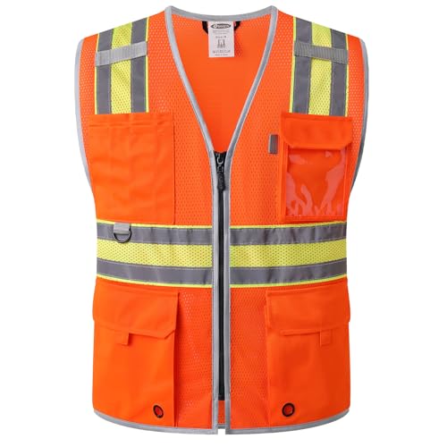JKSafety Safety Vest for Men Women Hi Vis Relfective Vest with Pockets High Visibility Meet ANSI Standard Orange Color with Extended Yellow Strips (BX330-Orange 2XL)