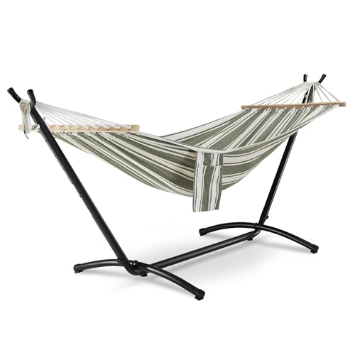 VonHaus Hammock with Stand - Freestanding 2 Person Striped Hammock Seat with Steel Frame - Polycotton Material & Adjustable Frame for Garden - Travel Bag for Outdoors (Green 1 Person)