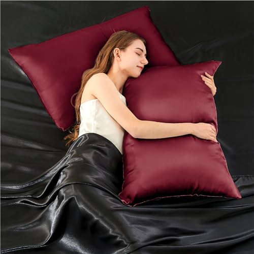 Image of INFIIXSO Silk Pillow Cases 2 Pack Standard Size, Ultra Smooth & Soft Mulberry Silk Pillow Case for Hair and Skin, Breathable Cooling Silk Pillowcase with Hidden Zipper (Burgundy, 20x26 Inches)