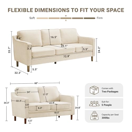 Image of Kingfun Living Room Furniture Sets, 3 Seater Couch and Loveseat, Mid Century Modern Sofa Set, Chenille Couch with Solid Wood Frame for Living Room & Bedroom, Beige