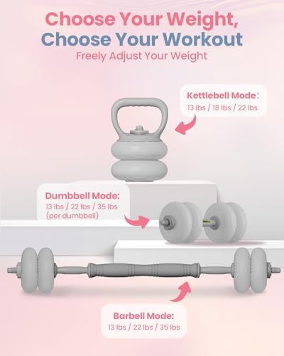 Image of kisnbld Adjustable Dumbbell Set, 35 /45 /62LBS SoftShell Weight Set with Connector 4-IN-1 Dumbbell Set Used as to Barbell & Kettlebell for Home Gym, Fitness Exercise for Men Women Beginners