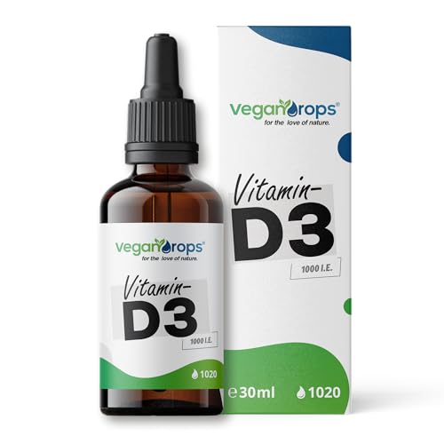 Vegan Drops® - Vitamin D3 Tropfen - 25mcg Vitamin D (1000 i.E.) pro Tagesdosis - 1020 Tropfen, 30ml pro Flasche - vegan, ohne Alkohol & in Dutschland produziert - nur 2 Zutaten
