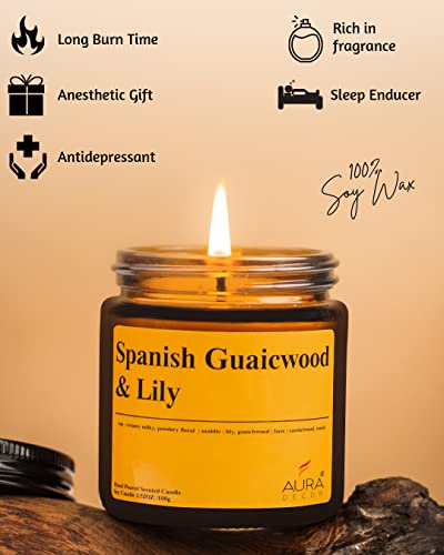 Image of AuraDecor Spanish Guaiacwood & Lily Scented Jar Candle | 100gm Handpoured Soy Wax Candle with Long Burn Time | Premium Amber Jar Aromatherapy Candle | Best Gift for Home & Decor