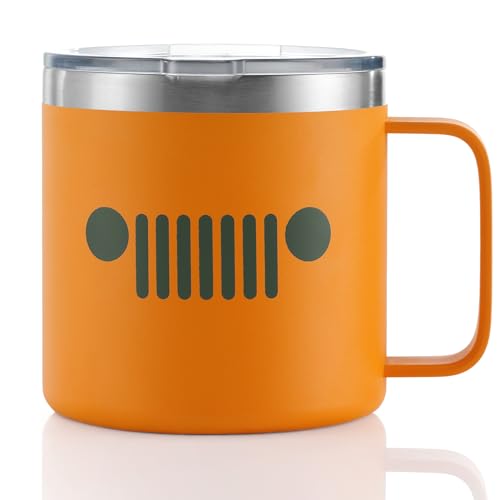 Jeep Stainless Steel Camper Mug 14oz with FREE Sticker Pack - Double Wall Copper Insulated for Hot & Cold Drinks, Powder Coated, Splash Resistant Lid (Orange) - Image 3