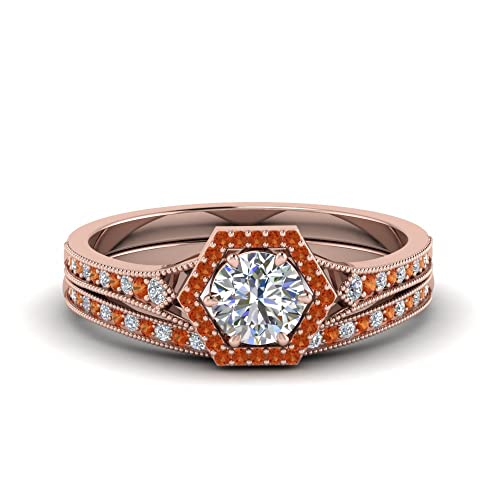 Image of Choose Your Gemstone Vintage Hexagon Halo Bridal Ring Set Rose Gold Plated Round Shape Wedding Ring Sets Matching Jewelry Wedding Jewelry Easy to Wear Gifts US Size 4 to 12