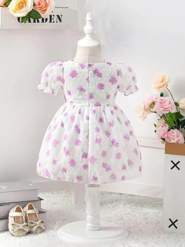 Image of Buy & Try Girls Silk Party Dress, Floral Printed Knee Length Frock with Short Sleeves, Comfortable Fit & Zipper Closure, Elegant Birthday, Wedding, Festival & Special Occasion Wear for Kids