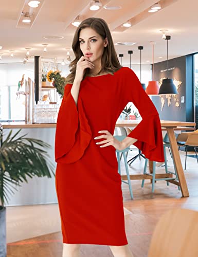 Aphratti Womens Elegant Bell Sleeve Cocktail Party Business Office Wear To Work Bodycon Sheath Dressy Dress Red Large #TOP2