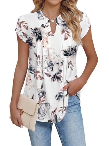 Cuptacc Blouse Femme Chic et Élégant Col en V Tunique Femme Casual plissée Manche Courte Top Blanc Floral, XXL 50-54