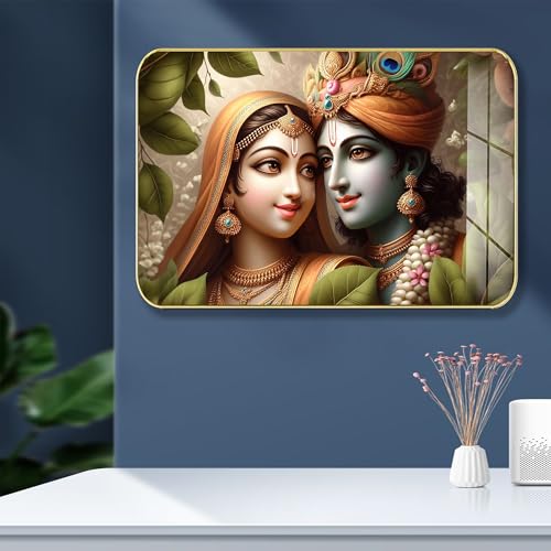 Image of Masstone Radha Krishna Crystal Embedded High Gloss Wall Painting, Golden Slim Frame, 45x30 Cm Wall Art for Living Room, Bedroom, Office & Home Decor (CRG29)