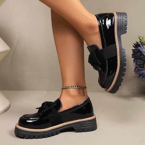 Women's Leather Bow Platform Loafers Slip-On Chunky Heel Work Office Business Shoes Ladies Black — view 6
