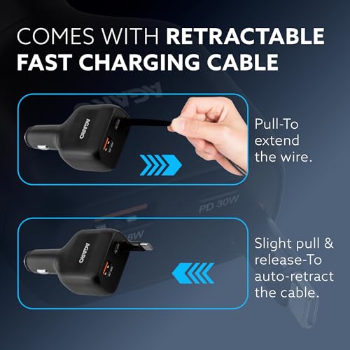Image of AGARO Turbo 84W 3 in1 Car Charger with 86 cm Retractable Cable (30W Type-C PD) & Dual Port (18W USB-A & 30W Type-C) for Android, iPhone, iPad, Earbuds, Tablet, Power Bank & USB-powered devices (Black)