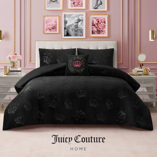 Image of Juicy Couture Plush Reversible Embossed Crown 3-Piece Twin /Twin XL Comforter Set with Decorative Pillow, Black