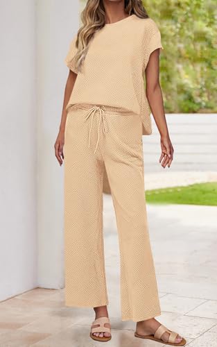 Image of PRETTYGARDEN 2 Piece Outfits For Women Casual Tracksuit Short Sleeve Tops And Wide Leg Long Pants Matching Lounge Sets