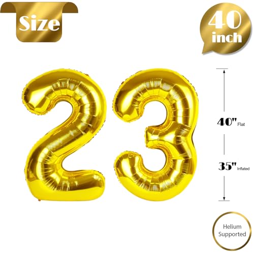 Image of Gold Number 23 Balloon 40 inch, 23 Number Balloons, 23rd Gold Birthday Decorations, 23 Year Old Women Men Golden Party Supplies
