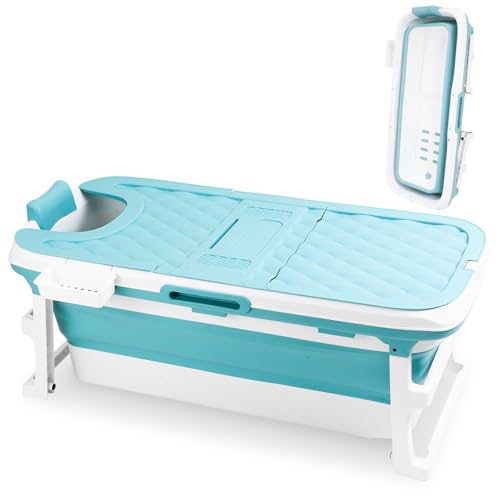 Vkechh Baignoire pliable pour adulte, Baignoire mobile pliante 132 x 60 x 50 cm, Portable et peu encombrante, avec couvercle et tuyau de vidange, pour salle de...