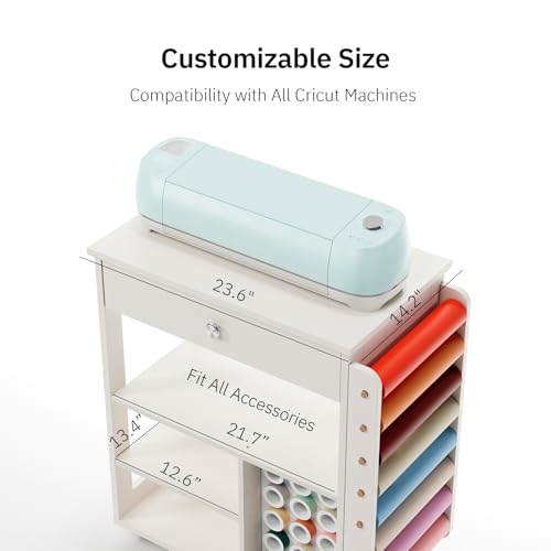 Craft Organizers and Storage Compatible with Cricut Machines, Rolling Storage Cart with Vinyl Roll Holders Crafting Table for Adults