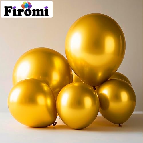 Image of Firomi Metallic Chrome Gold Balloons 5-inch 100 Pack (with 2 Ribbons) | Helium Small-Medium Shiny Round Gold Thicken Latex Balloon for Wedding Birthday Party