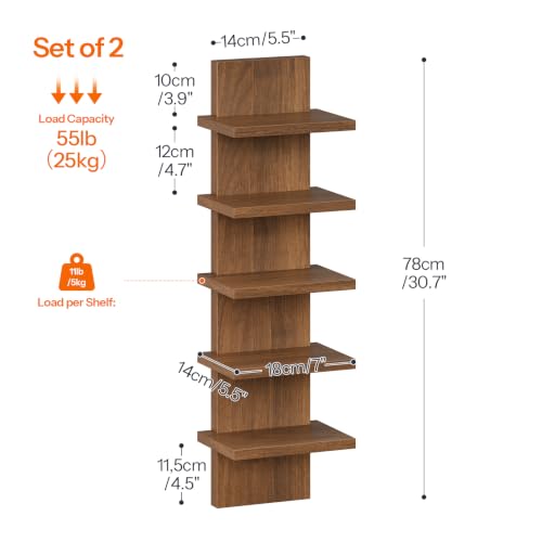 Image of HOOBRO 5 Tier Wall Shelf Unit for Storage, 2 Pack Floating Shelves for Wall | Wall Mounted Shelves, Vertical Display Shelf, Organizer Tall Tower Design for Livingroom Bedroom Kitchen, Walnut WL18BJP201