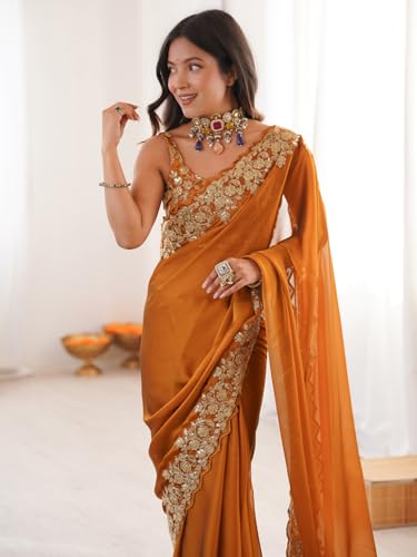 Image of AKHILAM Women's Satin Embroidered Sequins Work Saree With Unstitched Blouse Piece (AARYAN22901 KR Parent)
