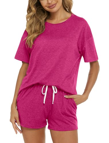 Image of LOCUBE Women's Pajama Set Soft Comfy 2-Piece Short Sleeve Lounge Sleepwear with Drawstring Shorts and Pockets