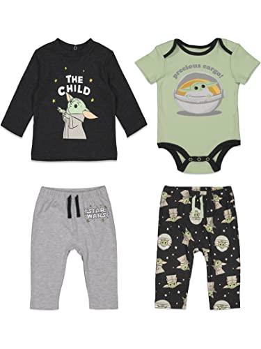 Image of STAR WARS The Child Baby Mix N' Match Short Sleeve Bodysuit Graphic T-Shirt and Pants 4 Piece Layette Set Newborn to Infant