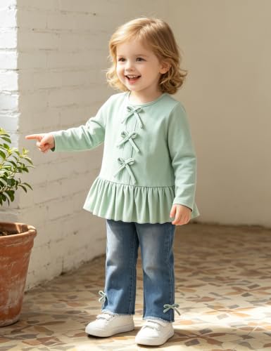 Image of Toddler Girl Clothes Long Sleeve Ruffle Dress Top and Jeans Pants Toddler Girl Fall Outfits