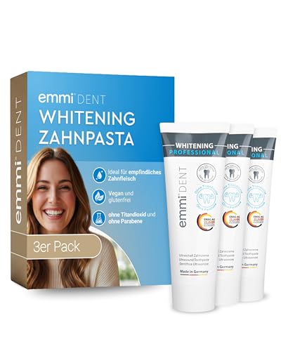 emmi-Dent Ultraschall Zahnpasta Whitening I 3x75 ml I Mikrobläschen-Formel für weiße Zähne I Sanfte Zahnaufhellung I Ideal für empfindliches Zahnfleisch I Vegan, glutenfrei & ohne Titandioxid