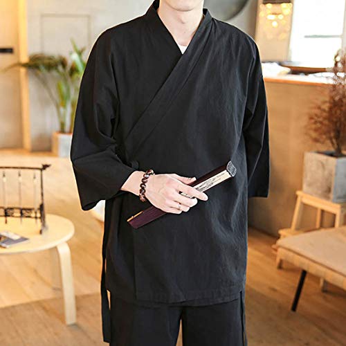 Men's Vintage Kimono Cardigan Cotton Linen Wrap Front Japanese Jinbei Haori Jacket Loose Fit Solid Color Hanfu Top Cover Up4