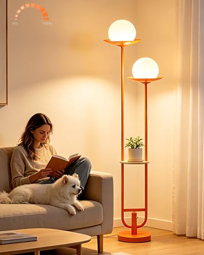 Image of 63IN Globe Floor Lamp with Shelf 2-Lights Modern Dimmable Floor Lamps with 3000K Soft Warm White Bulbs for Wedding /Party, Orange Tall Standing Lamp for Living Room /Bedroom /Home Office