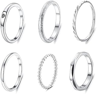 JeryWe 6Pcs Solid Silver Rings for Women 1mm-2mm Wedding Ring Stainless Steel Plain Band Knuckle Stacking Midi Thumb Rings Hypoallergenic Size 4-8