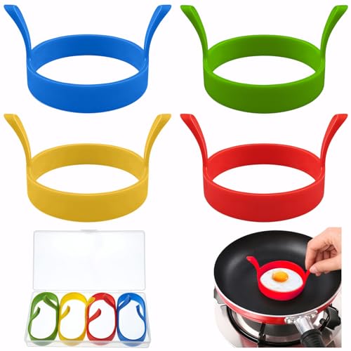 4 Stück Spiegeleiform, 8cm Silikon Eier Ring Antihaft Omelettform mit Griffen Hitzebeständig Egg Ring Zum Hamburgerpastetchen Desserts(Blau Gelb Grün Rot)