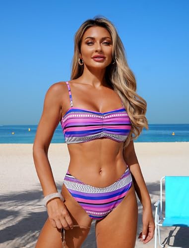 Image of ZAFUL Women 4pcs Ruched Striped Bikini Set High Cut Swimsuit with Sheer Fringed Cover Up Side Slit Shorts
