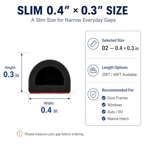 Image of Silicone Weather Stripping Door Seal, 40FT Self Adhesive D-Shaped Weather Strip, 0.4 inch W x 0.3 inch H Rubber Seal Strip for Door Frame, Window, Cabinet, Enclosure and Narrow Gap Seal, Black